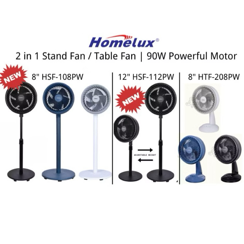 Homelux 2 in 1 Stand Fan/Table Fan/Living Fan/Kipas Stand/Kipas Meja | 90W Powerful Motor | HSF108PW/HTF208PW/HSF112PW
