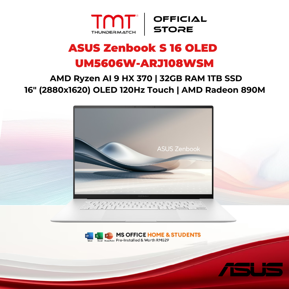 ASUS Zenbook S 16 OLED UM5606W-ARJ108WSM Laptop | AMD Ryzen AI 9 HX 370 | 32GB RAM 1TB SSD | 16" (28
