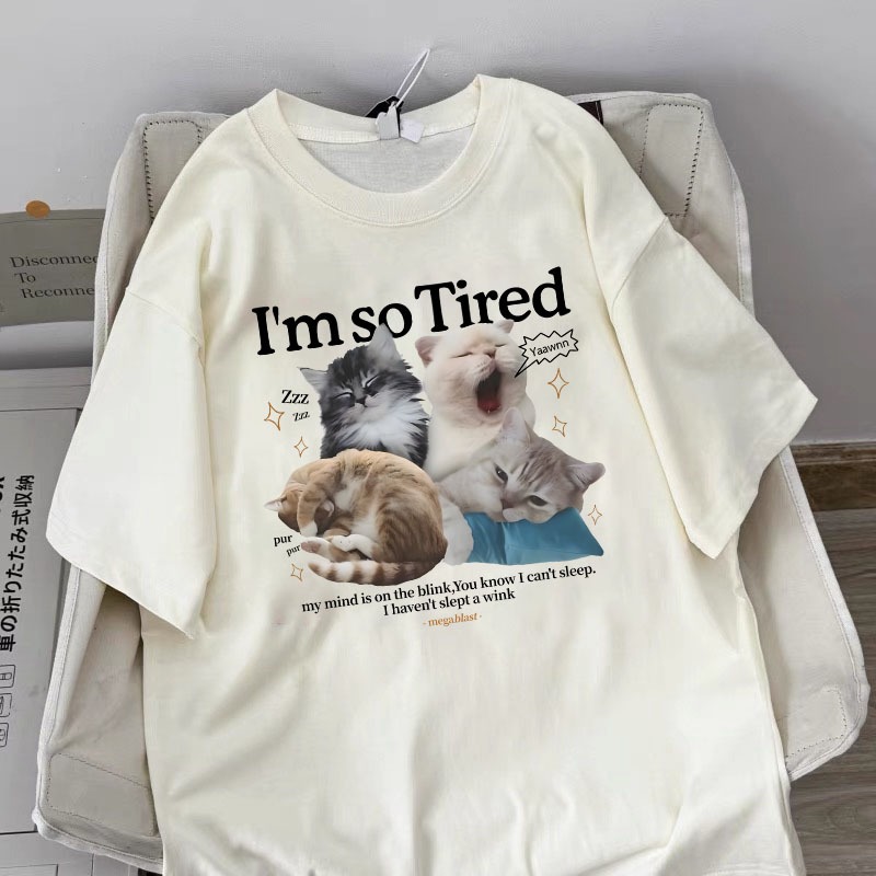 Korean women clothing | Oversized Crew Neck T-shirt 100% cotton | cat meme print  stylish casual tops y2k