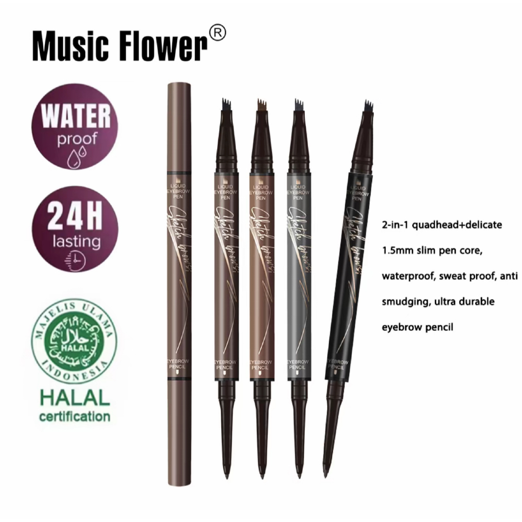 Music Flower Pensel Kening 2-dalam-1 Kalis Air|Kepala 4 + Hujung Halus 1.5mm|Tahan Lama & Anti-Calit