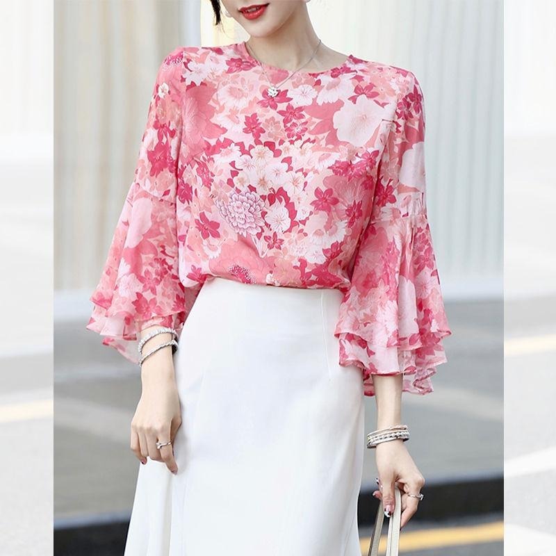 Goddess Pink Stamen Delicate Pink Simulation Silk Print Seven Quarter Lotus Leaf Sleeves Round Neck Pullover Loose Top 2