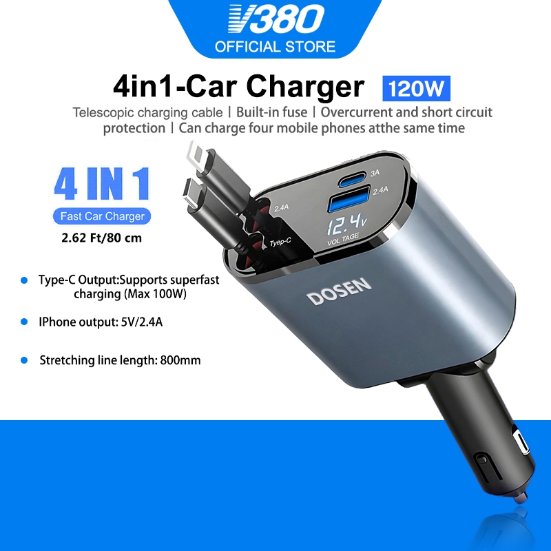 V380 PRO D5 Car Charger 120W Charging 4in1 USB Type C Scalable Car Phone Charge For iPhone charger power adapter