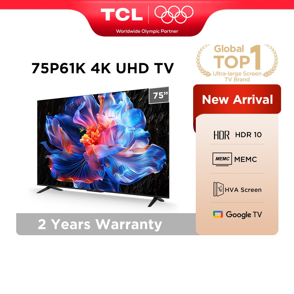 TCL 75 Inch 4K Google TV with HDR 10+, Dynamic Color Enhancement, MEMC, Dolby Audio Televisyen 75P61K