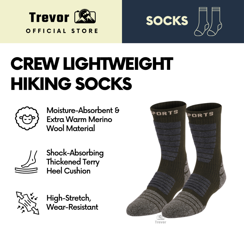 TREVOR Crew Lightweight Hiking Socks [1 Pair] – Basketball Football Outdoor Thickened Anti-Shock Merino Wool Terry Cotto