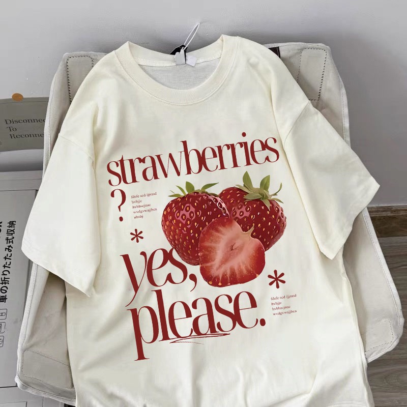 Korean style women clothing | Oversized Crew Neck T-shirt 100% cotton | Strawberry print  stylish casual tops y2k