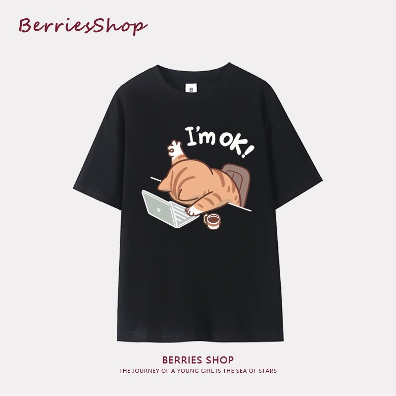 Office worker sleepy cat print trend, new short sleeve t-shirt women's top versatile women's short t summer fashion