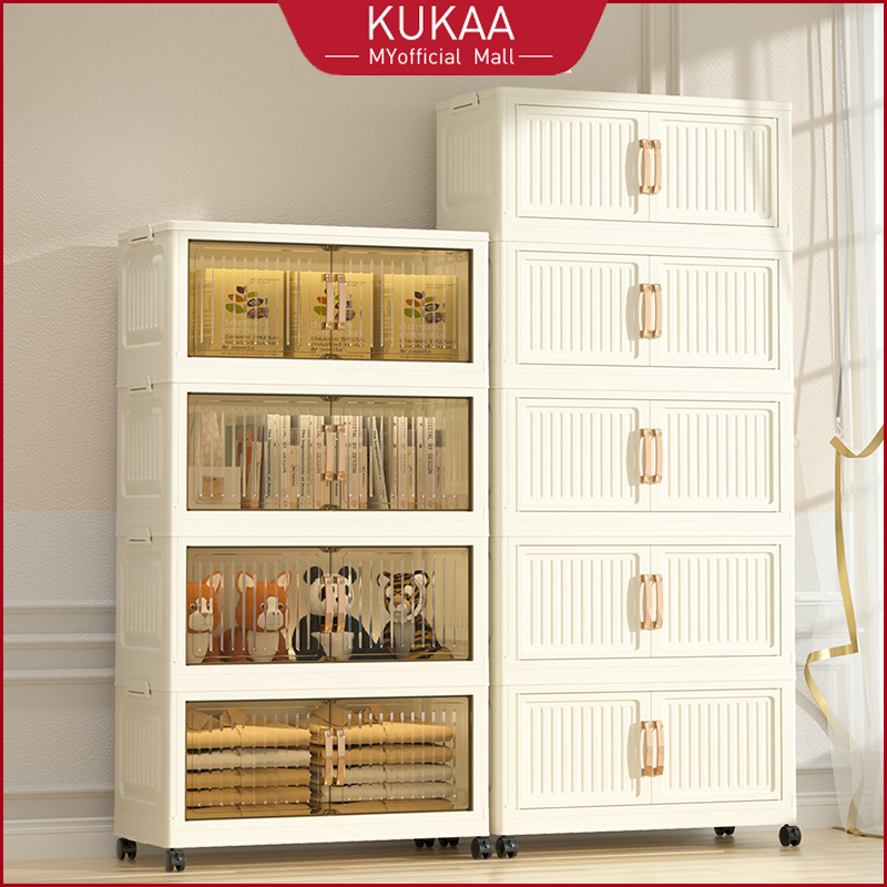 Kukaa L60-80cm Foldable Storage Cabinet Stackable Box Almari Baju Double Magnetic Doors With Roller