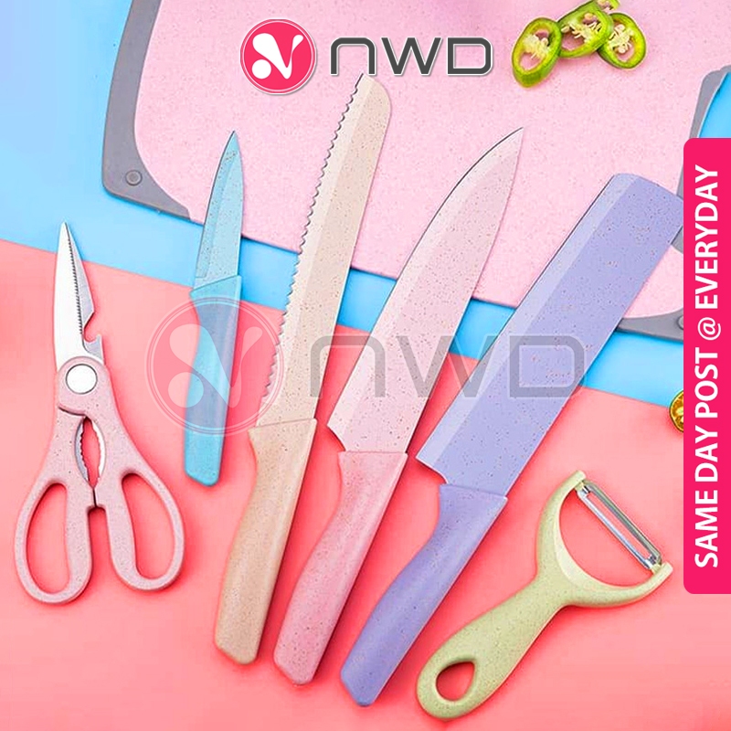 《 - 》6 IN 1 Kitchen Knife Set Scissor Peeler Stainless Steel Pisau Gunting Dapur 厨房刀具 NWD