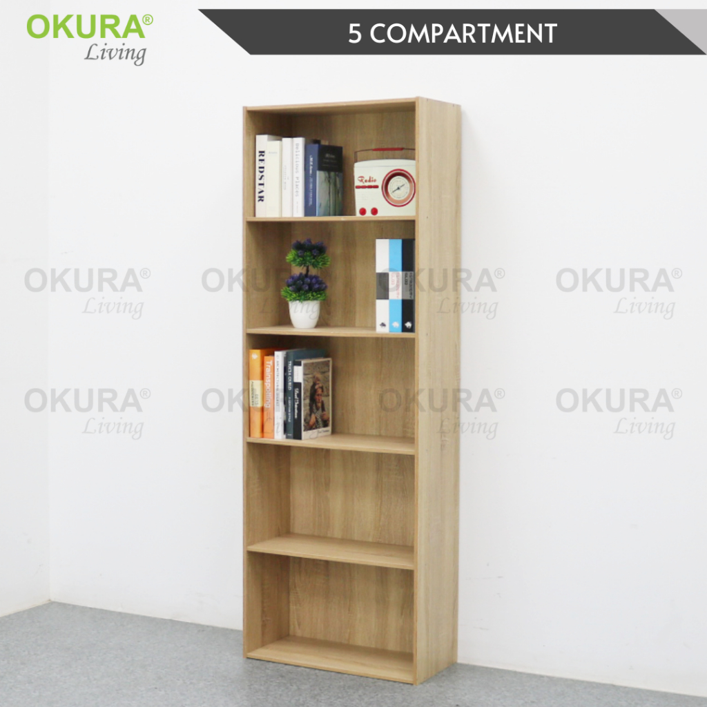 OKURA 5 Tier Multipurpose Bookshelf Cabinet Organiser Storage Wooden Rack Shelf Utility Rak Buku Kabinet Hiasan Almari