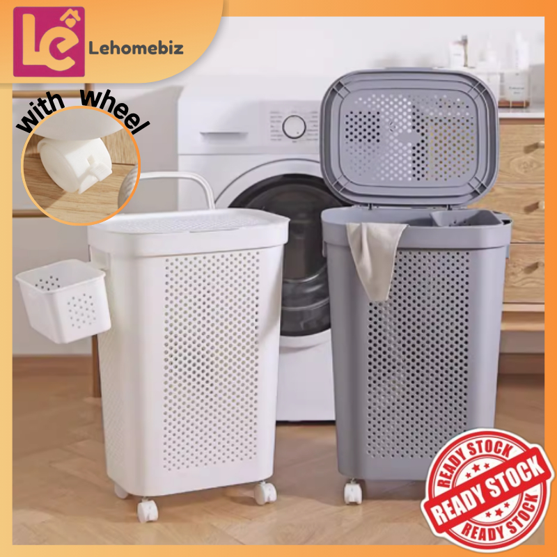 Laundry Basket with Wheels & Lid | Bakul Dobi Beroda & Penutup - Organizer Baju Kotor, Kapasiti Besar, Bakul Baju