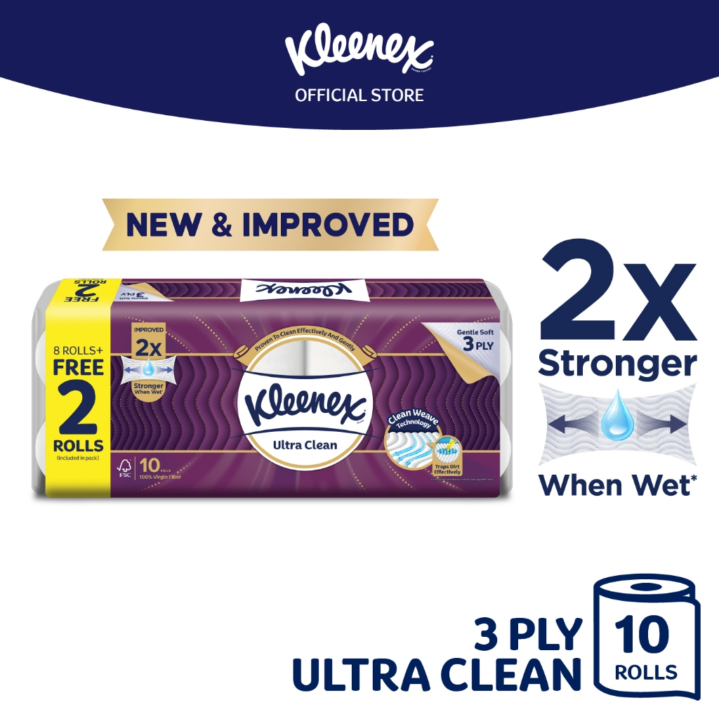 Kleenex Bath Tissue Toilet Tissue Paper Clean Care Ultra Clean - 3 Ply 190's x 10 Rolls