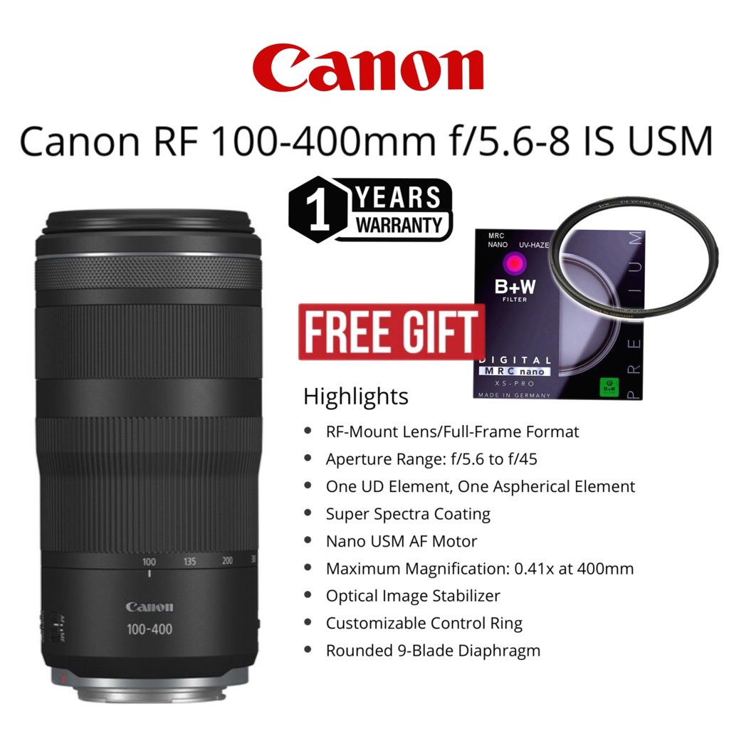 CANON RF 100-400MM F/5.6-8 IS USM LENS (1 YEARS WARRANTY) CANON EOS RF MOUNT LENS FULL FRAME FORMAT CANON 100-400MM ZOOM