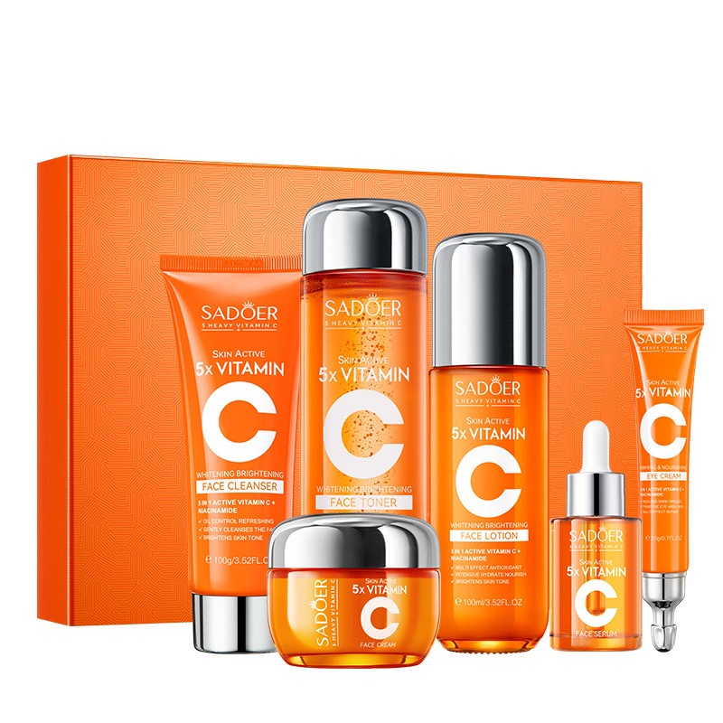 SADOER 5x Vitamin C Pemutih Cerah Wajah Skincare Set Penuh Dengan Kotak Hadiah 6in1 Pembersih, Toner, Serum, Krim Muka,