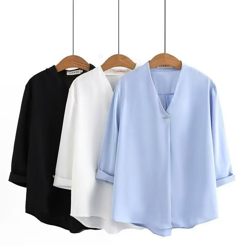 Women V-neck Blouse Chiffon Half Sleeve Pullover Elegant Office Baju Wanita Panjang