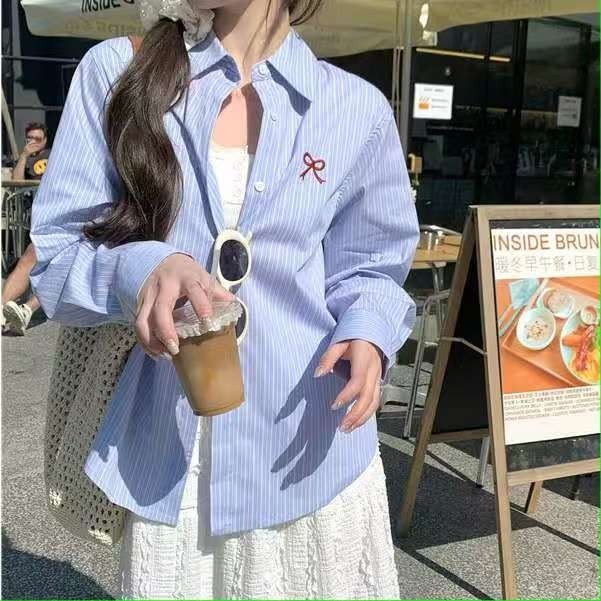 [Ready Stock In Malaysia] Blouse Women Baju Kemeja Perempuan Striped Women Sweet Western Style Long-Sleeved Shirt Top