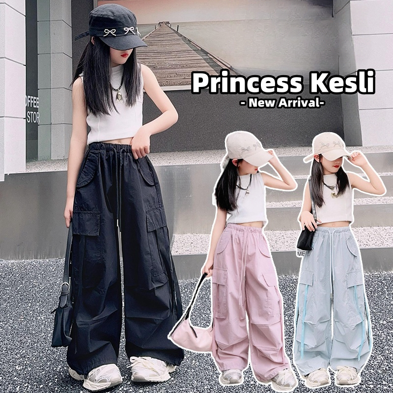 PRINCESS KESLI Budak Perempuan Seluar Kasual Wide Leg Casual Baggy Cargo Blue Pants For Kids Girls
