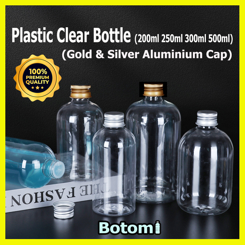 200ml 250ml 300ml 500ml transparent clear PET plastic bottle metal gold cap aluminium cap botol plastik aluminum tudung