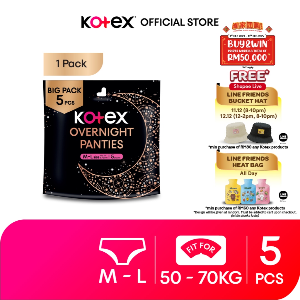 Kotex Overnight Panties M-L / L-XL (5s) - Period Panties with 360⁰ Anti-Leakage Protection Disposable