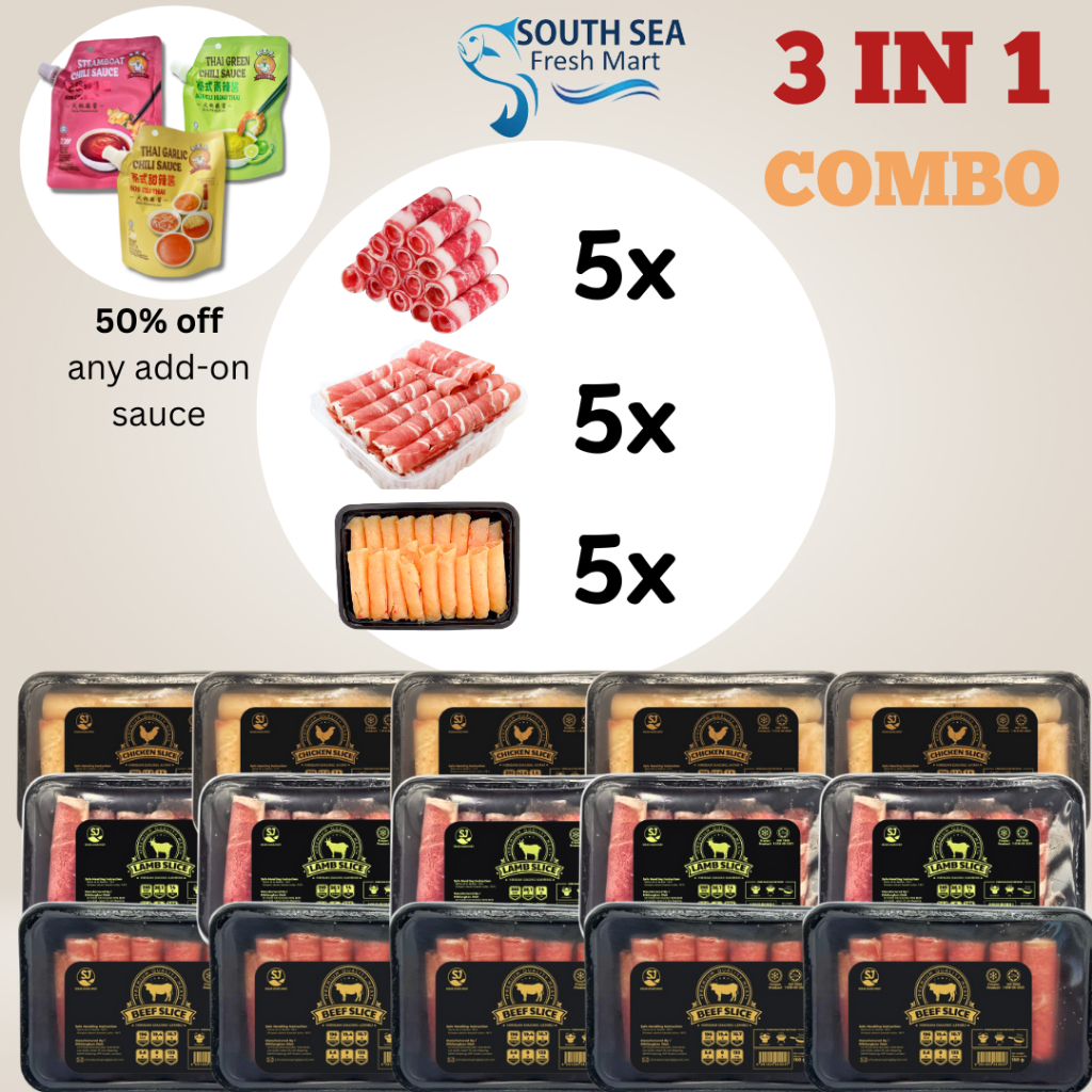 【COMBO 3 IN 1】| HALAL Premium Shabu Shabu Sukiyaki Beef, Lamb and Chicken Thin Slice Roll (15PKT) (2.5kg) | South Sea