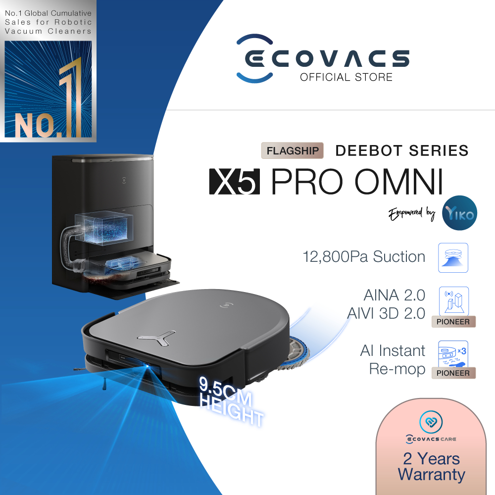 [NEW] ECOVACS DEEBOT X2/X5 Pro OMNI Robot Vacuum | 12800 PA | Advanced AINA 2.0 | TruEdge™ Mopping | 70°C Hot Water Wash