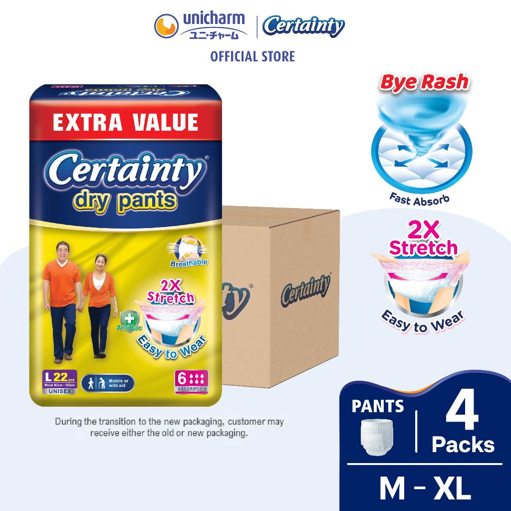 Certainty Dry - pants Adult Diaper Jumbo Pack M26/L22/XL20 (4 Packs)