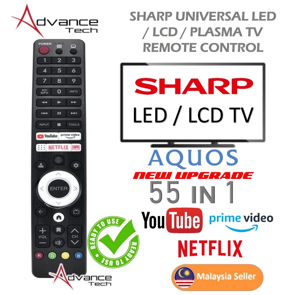 SHARP AQUOS SMART TV ANDROID 55 In 1TV REMOTE CONTROL REPLACEMENT with YOUTUBE / NETFLIX / Prime Video / Browser