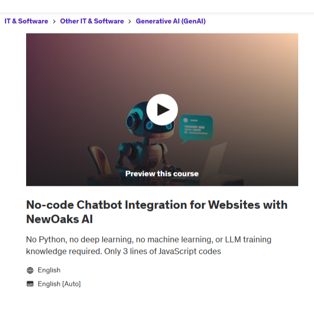 Video Course - No–Code Chatbot Integration For Websites With Newoaks AI | Website Development Course