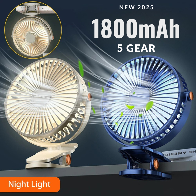 【5 Speed】1800mAh Long Lasting Clip Fan USB Charging Desktop Office Student Light Table Clip Wall Hanging 360 Rotation