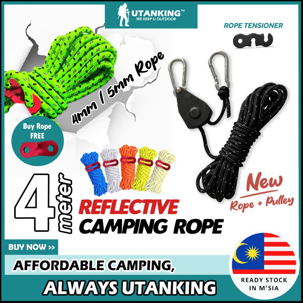 UtanKing™ 4 Meter Reflective Camping Rope Tent Ropes Flysheet Tensioner Paracord Guyline Tali Khemah