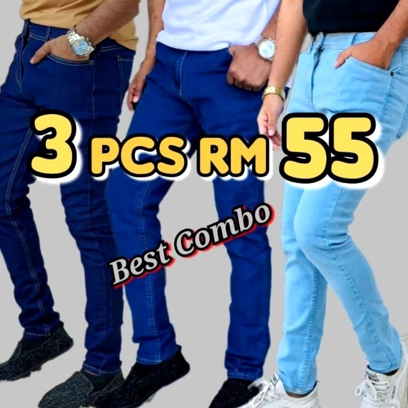 [Ready Stock] Combo 3pcs (Size 28-40) Skinny/Silimfit Jeans pants For Men & unisex Material] harga murah ya 3pcs Rm52.99