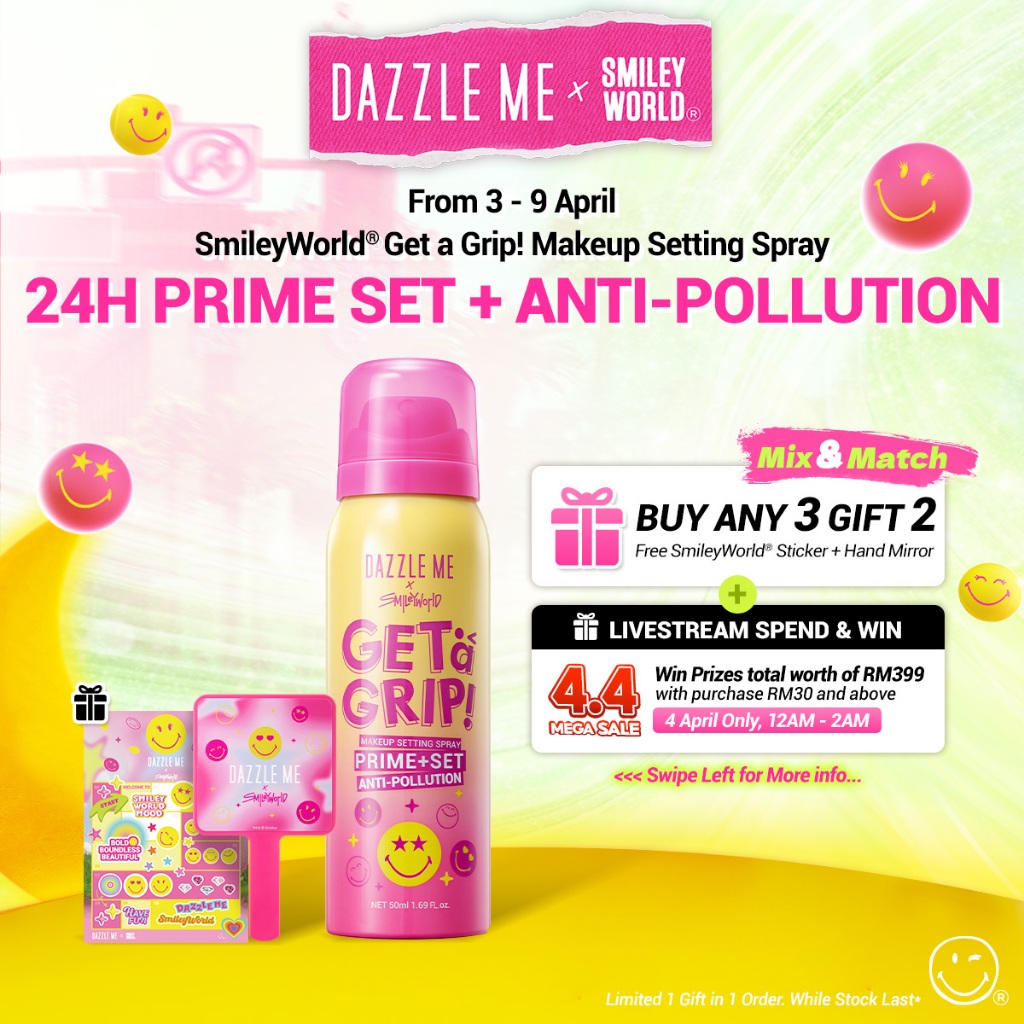 [Limited Edition] DAZZLE ME X SmileyWorld Get a Grip! Makeup Setting Spray Prime+Set Anti-Pollution 50ml