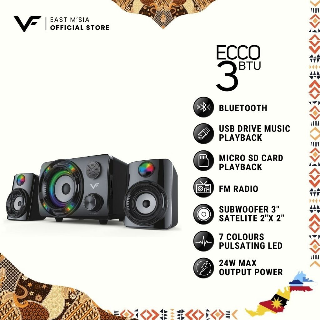 Vinnfier VF ECCO 3 BTU 2023 Bluetooth Speaker 2.1 Stereo 7 Color Pulsating LED 2.1 speaker FM Radio Micro SD card