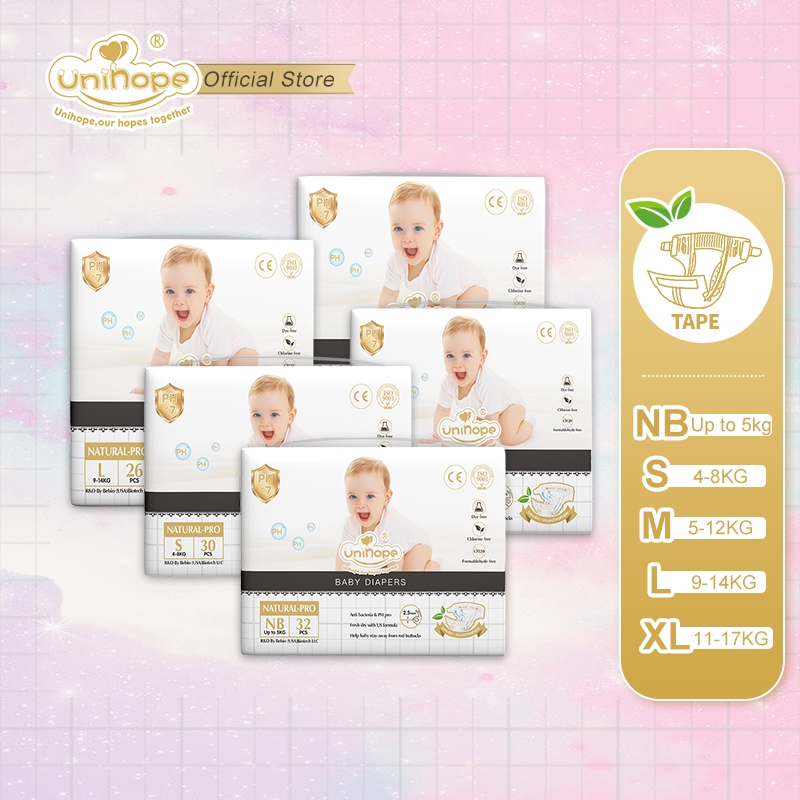 Unihope Natural Pro Baby Diapers Tape Ultra Thin Skin Friendly - Newborn/S/M/L/XL