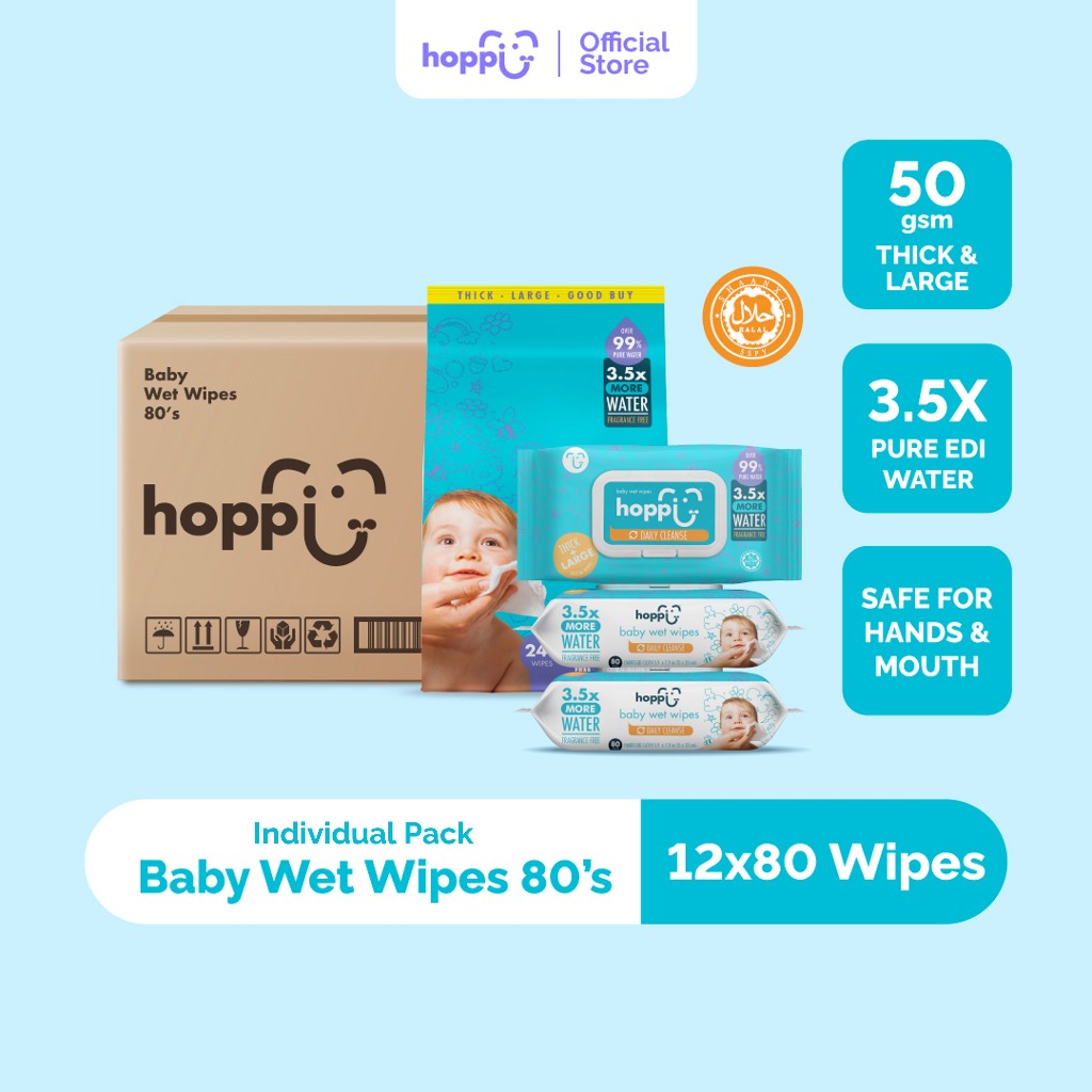 [CARTON] Upgraded Formula Hoppi Premium 99% Baby Water Wipes (80 Wipes x 12 Packs)