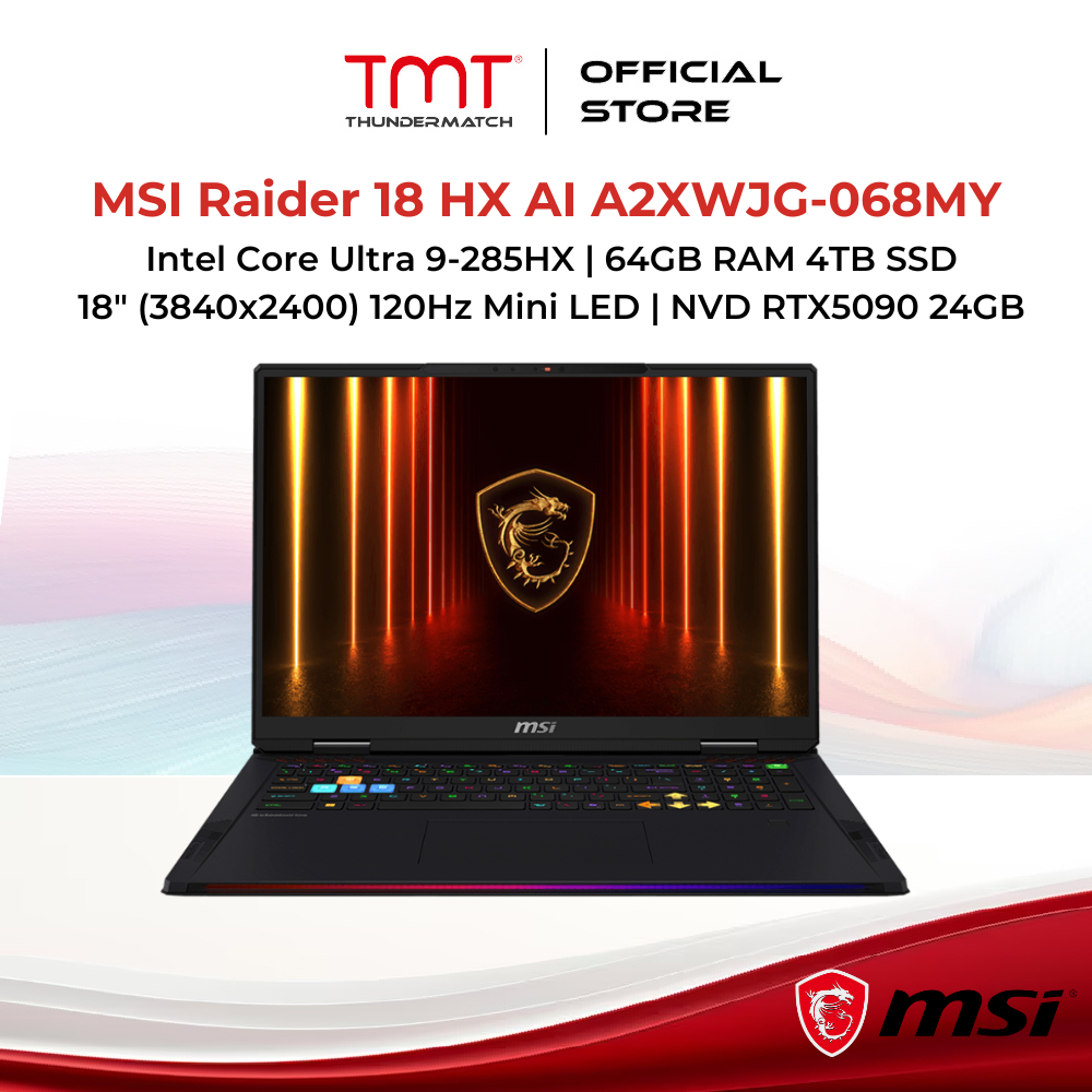 MSI Raider 18 HX AI A2XWJG-068MY Gaming Laptop | Intel Core Ultra 9-285HX | 64GB RAM 4TB SSD | 18" (