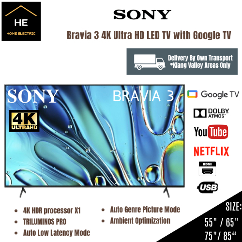 Sony Bravia 3 55 / 65 / 75 /85 Inch 4K Ultra HD LED TV with Google TV Televisyen K55S30 K65S30 K75S30 K85S30