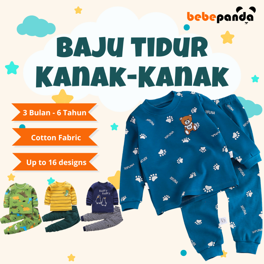 Baju Tidur Kanak-Kanak Lengan Panjang Cotton Saiz 3 Bulan–6 Tahun Kids Pajamas Set Sleepwear