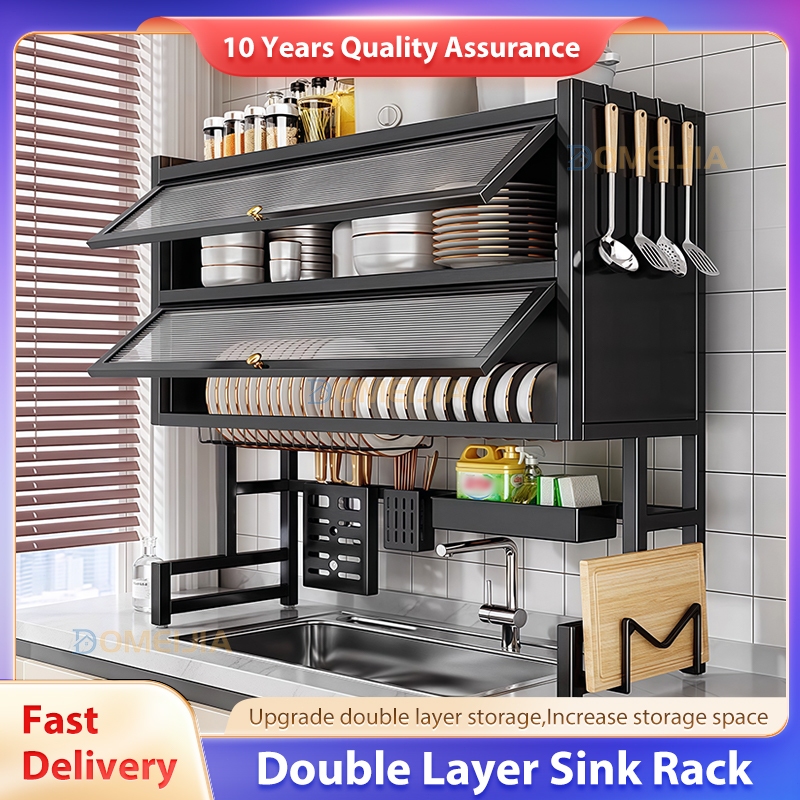 Ready StockKitchen Dish Drainer Rack With Door 3-Tier Rak Pinggan Mangkuk Bertutup Dapur Tableware Storange Shelf