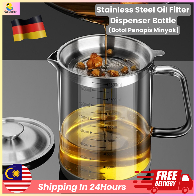 CozyBaby 1000ML Stainless Steel Oil Filter Dispenser Bottle Leakproof Kitchen Use Keluli Tahan Botol Penapis Minyak 滤油瓶