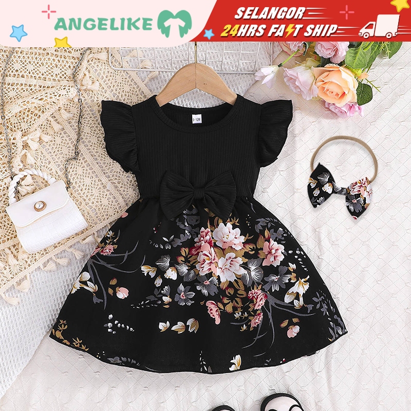Dress Baby Girl Old Ruffle Sleeve Floral Print Bow Baby Girl Black Dress Baby clothes Guan bayi girl Baju Raya Baby Girl