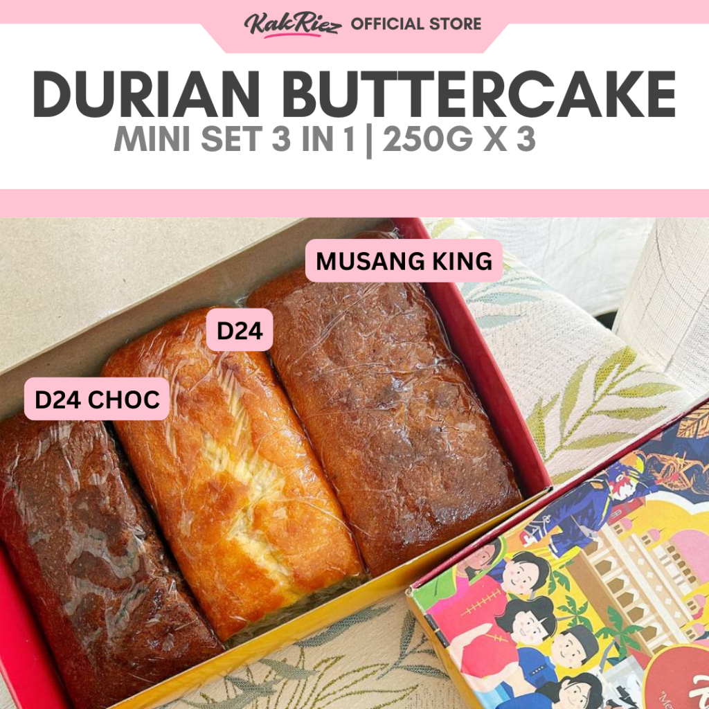 Kek Durian D24 Musang King Coklat 3 in 1 by KakRiez Moist Buttercake 3 x 250g Halal Muslim