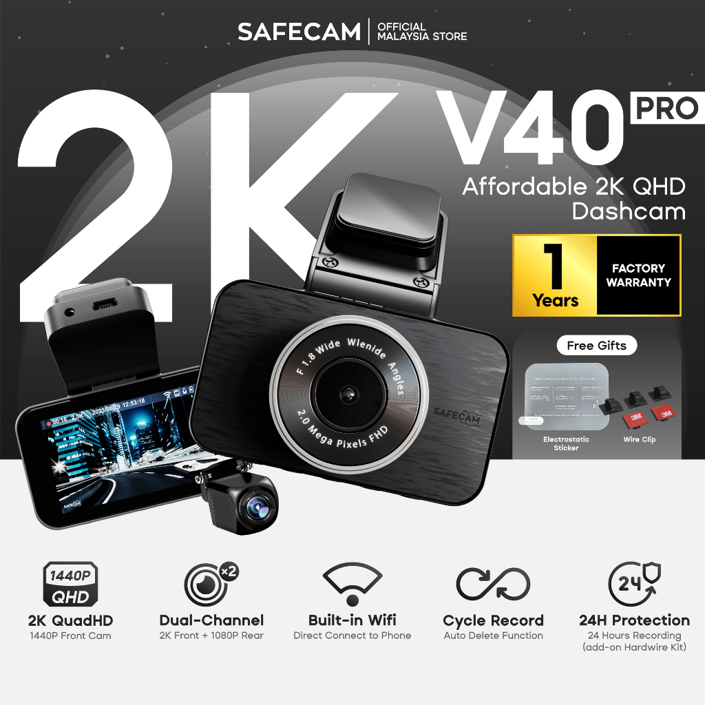 SAFECAM V40 PRO 2K Dual-Channel Dashcam 1440P Front + FHD 1080P Rear Dashcam WIFI App Control 24-H Parking Time Lapse