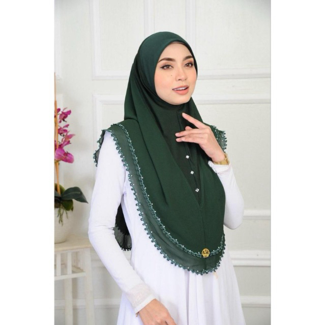 Tudung Sarung Azra 2 Layer Bersulam Ada Batu Kain Heavy Chiffon Awning Scuba Wanita Muslimah Hijab