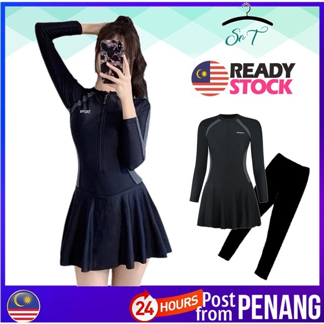 #188 Women Black One Piece Swimming Suit Skirt Long Sleeve Swimwear Beachwear Baju Renang Hitam Perempuan Skirt 泳衣长袖裙一件式