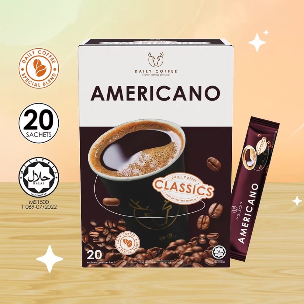Daily Coffee Americano Instant Coffee 20 Sachets Pure Soluble Coffee No Sugar No Creamer Halal Certified Drink