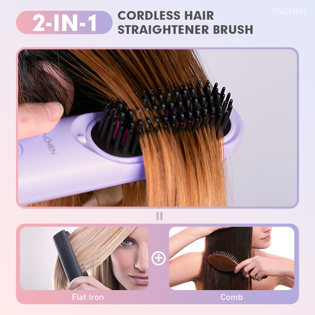 Enchen H100 Sikat Pelurus Rambut Cordless Hair Straightener Comb Portable Negative Ionic Hair Straightener Brush Comb