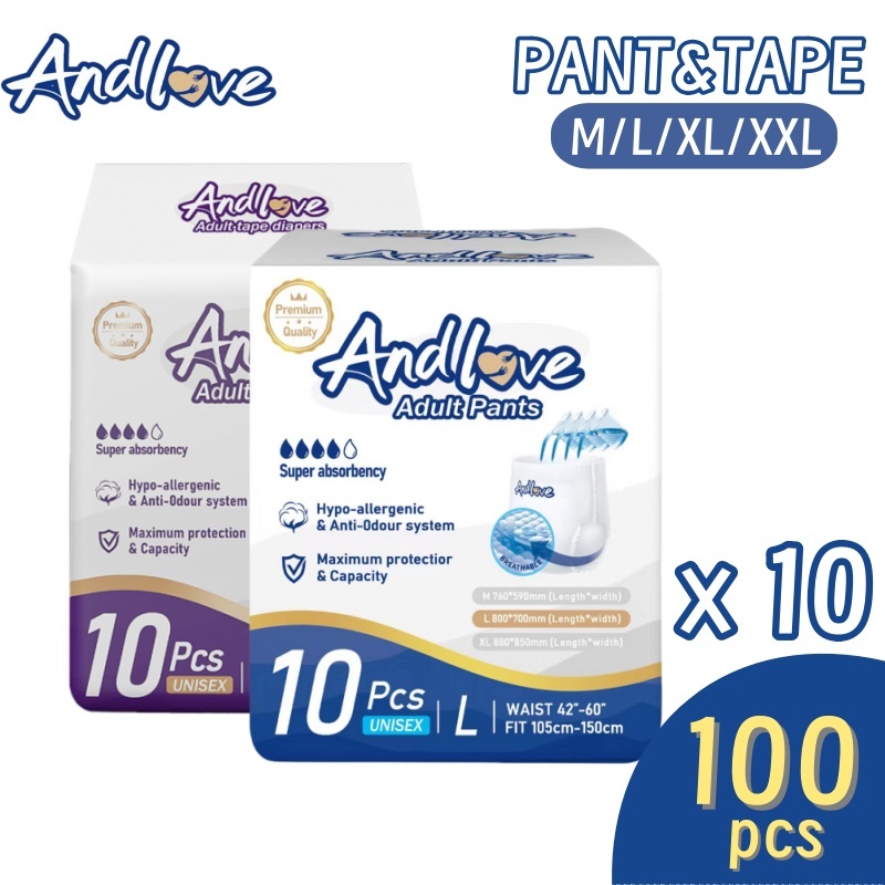 ANDLOVE Adult Diapers M/L/XL /XXL(10Packs/100Pcs) Adult Pull-Up Pants And Tape, Leak-Proof