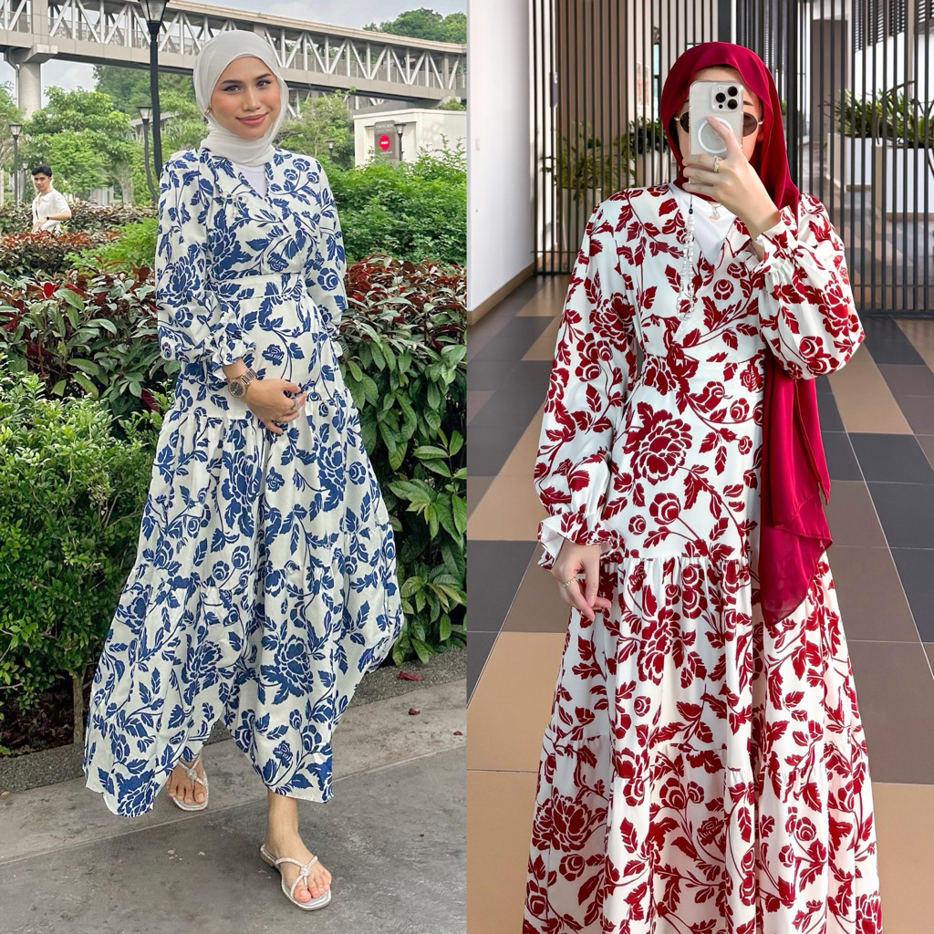 READY STOCKRose batik dress maxi dress abaya long dress hijab fashion dress long sleeve dress muslimah women raya dres