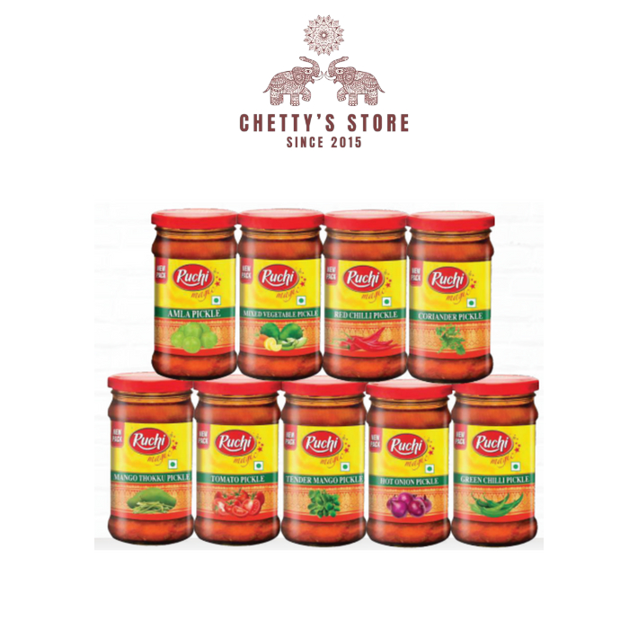 RUCHI PICKLES / ACAR 300g (LIME, CUT MANGO, MANGO THOKKU, GARLIC, CORIANDER, AMLA)