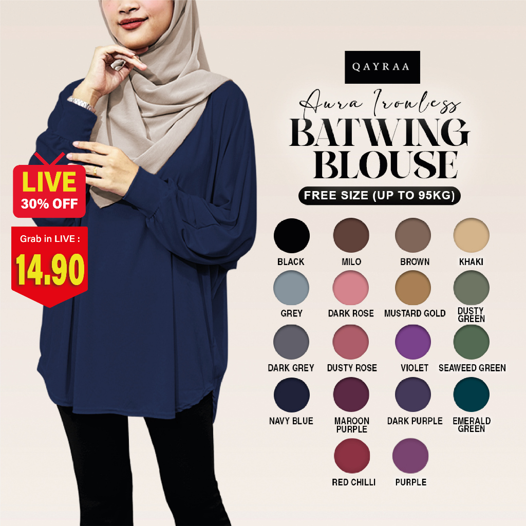~QAYRAA Aura Ironless Batwing Blouse Ribbed Texture Free Size/Black/Maroon/Purple/Grey/Brown/Blue